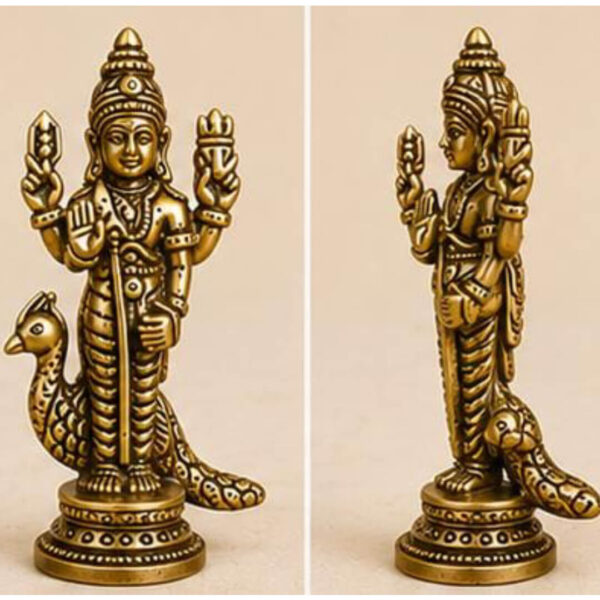 Premium Brass Lord Murugan Statue 4 Inch | Antique Finish Kartikeya Idol with Peacock for Pooja Room & Home Decor