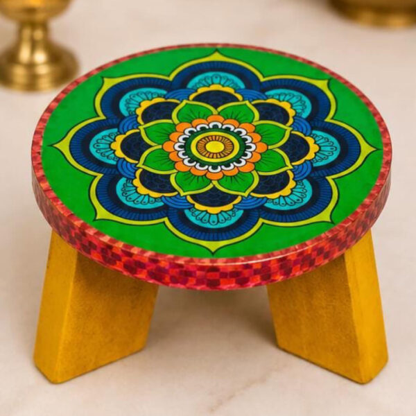 Decorative Wooden Pooja Chowki – 4×2.5inch Premium Handcrafted Mandala design For Pooja Room